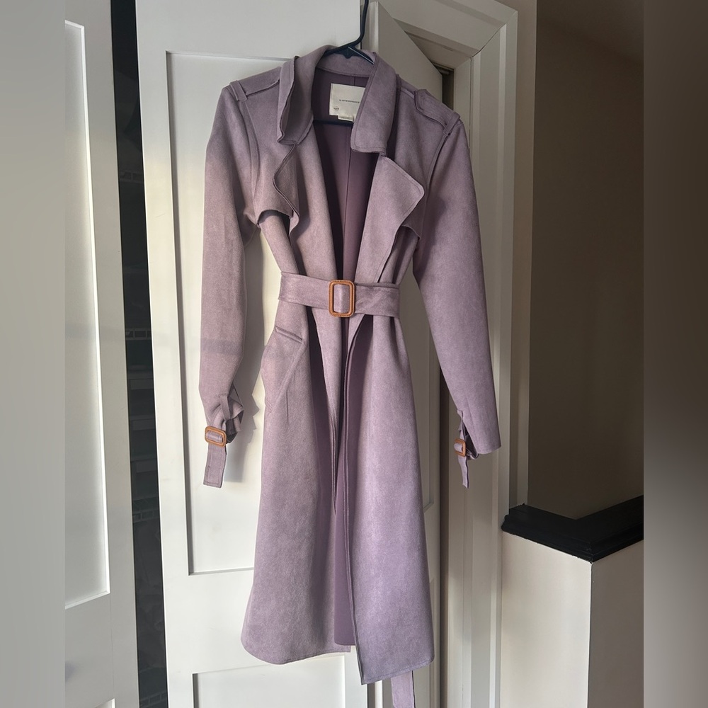 Anthropologie Lavender Trench Coat with Tan Buckles